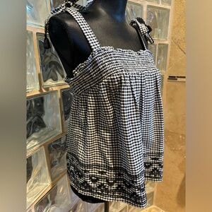 Old Navy Black & White Babydoll Gingham Plaid/Tie Shoulder and Embroidery
